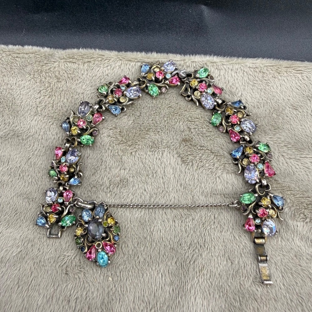 Vintage Hollycraft Rhinestone Bracelet Fruit Salad Silver Tone 7"